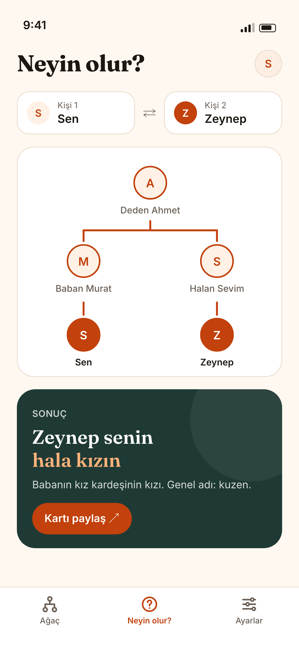 Soyum concept screen: you and Zeynep selected; result: Zeynep is your hala kızı (paternal aunt's daughter).